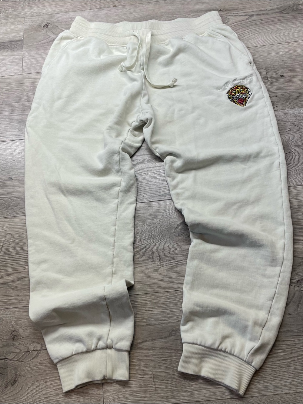 Ed Hardy Cream Drawstring Jogger Sweatpants with Embroidered Tiger Patch